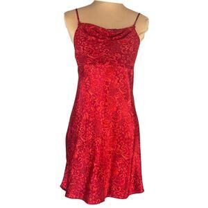 DELICATES Red Satin Floral Print Sheer Cowl Neck Slip Dress S Coquette Fairy Y2K